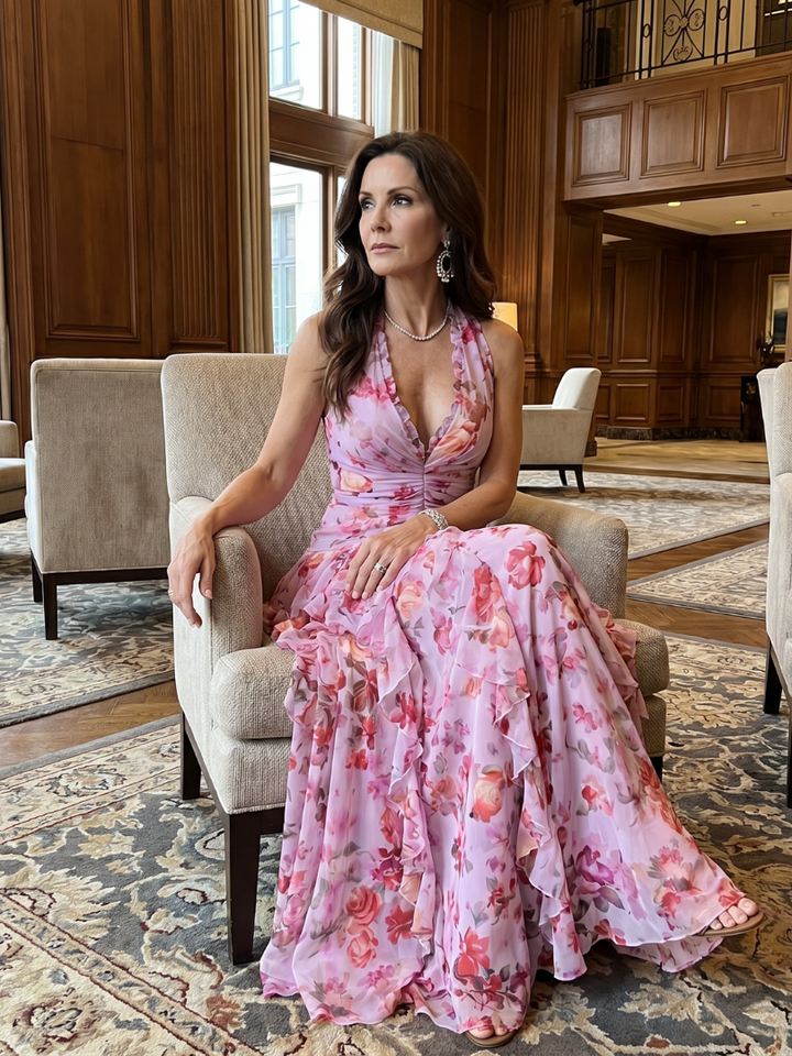 Nori | Vestido longo floral com decote halterneck e corpo franzido