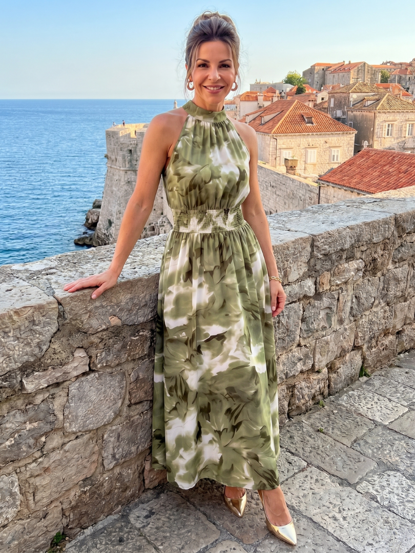 Olivia | Vestido midi de estampa abstrata com cintura franzida