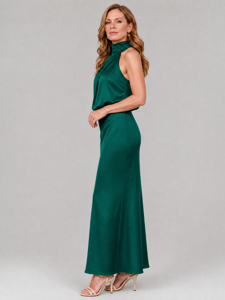 Nopal | Vestido midi sem alças com decote drapeado