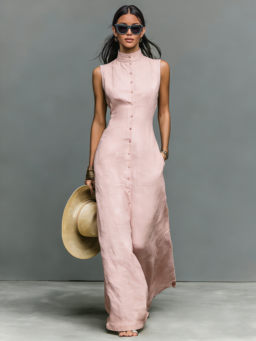 Vestido longo minimalista de linho misto com gola alta, frente única, sem mangas