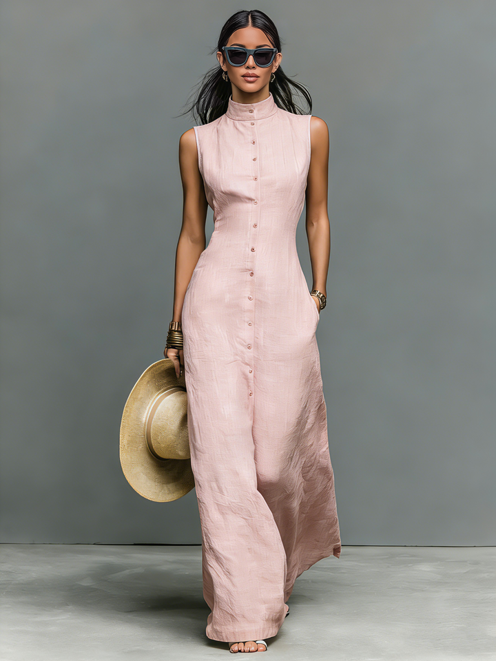 Vestido longo minimalista de linho misto com gola alta, frente única, sem mangas