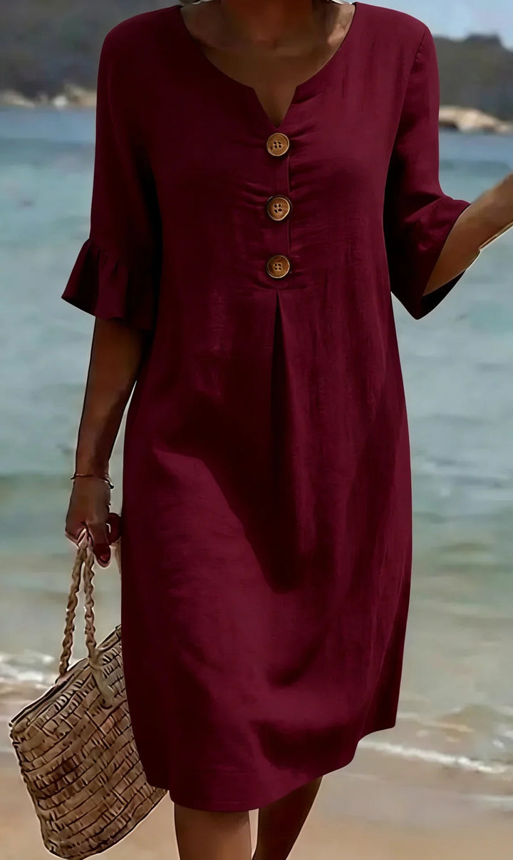 Vanesa  | Vestido com textura de linho com mangas bufantes e botões