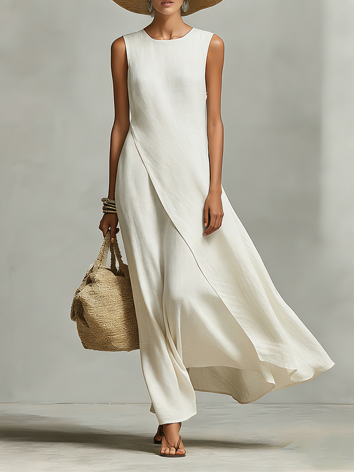 Vestido feminino de linho respirável na cor marfim, com detalhe sem mangas e barra assimétrica, estilo contemporâneo
