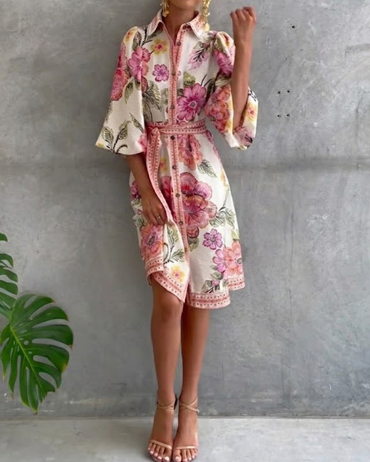 Inês | Vestido de Manga Lanterna com Gola Cranté Estampado
