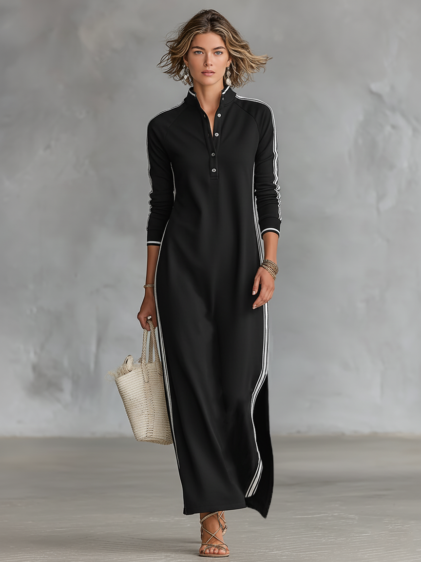 Júlia | Vestido maxi minimalista de malha com gola de camisa
