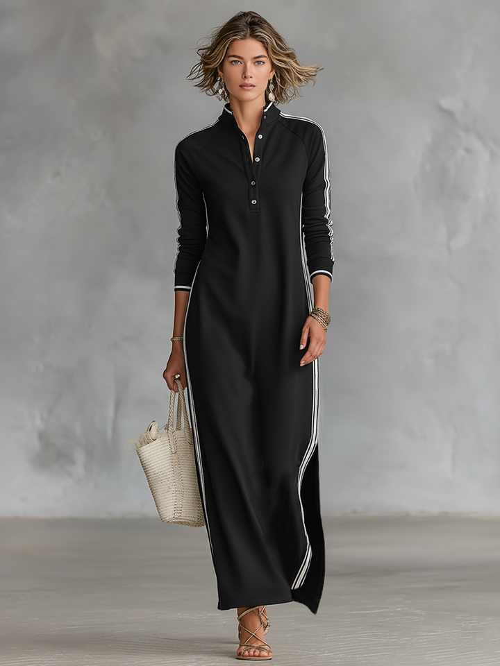Júlia | Vestido maxi minimalista de malha com gola de camisa