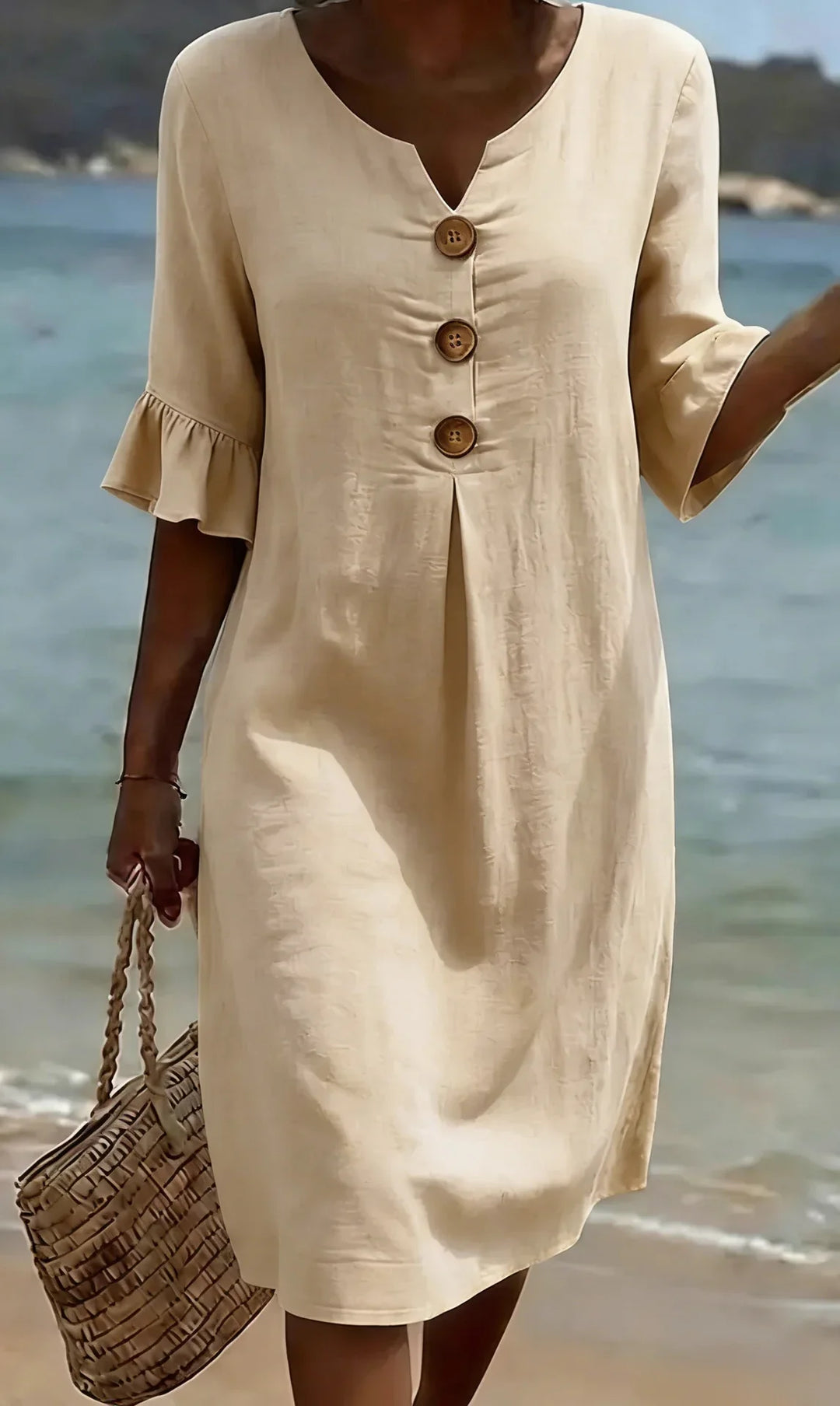 Vanesa  | Vestido com textura de linho com mangas bufantes e botões
