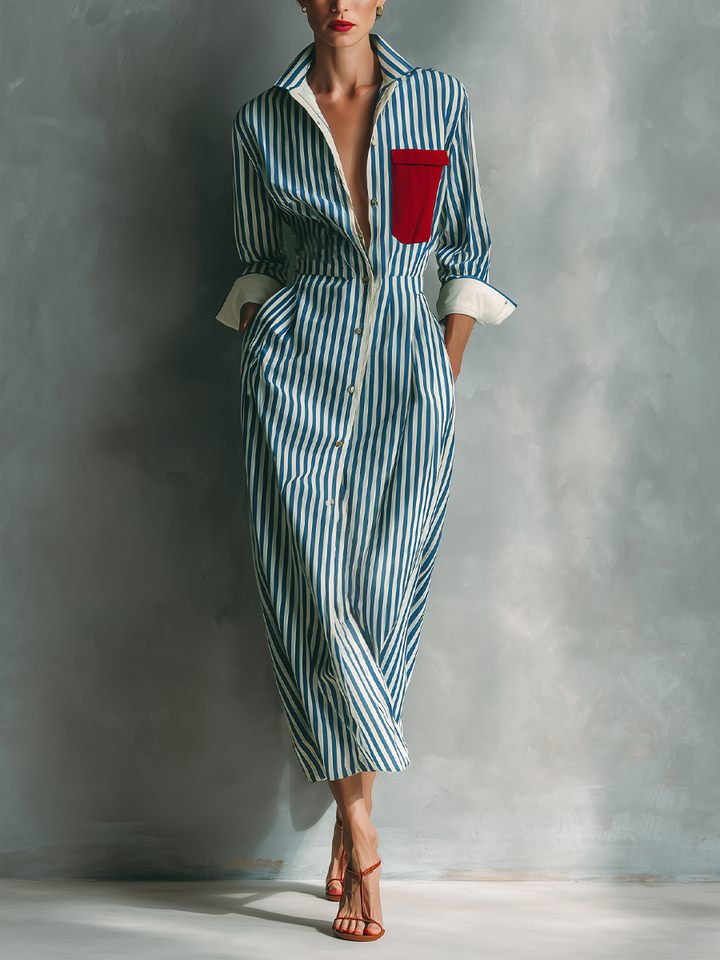 Isabel | Vestido chemise  azul e branco listrado