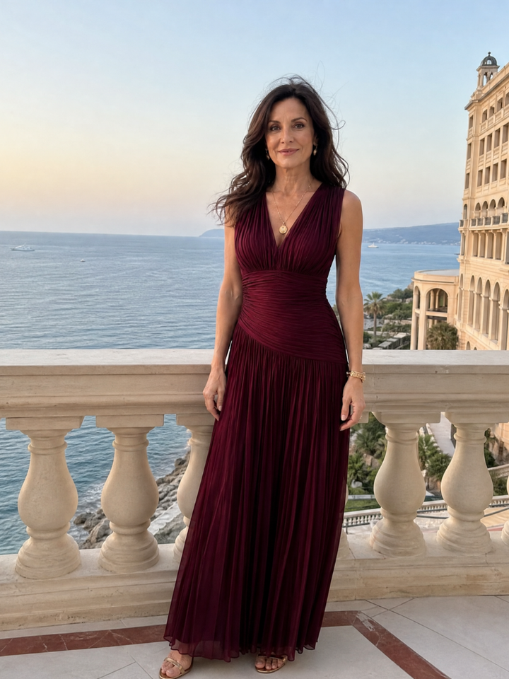 Lemar | Vestido Midi Plissado Sem Mangas com Decote em V