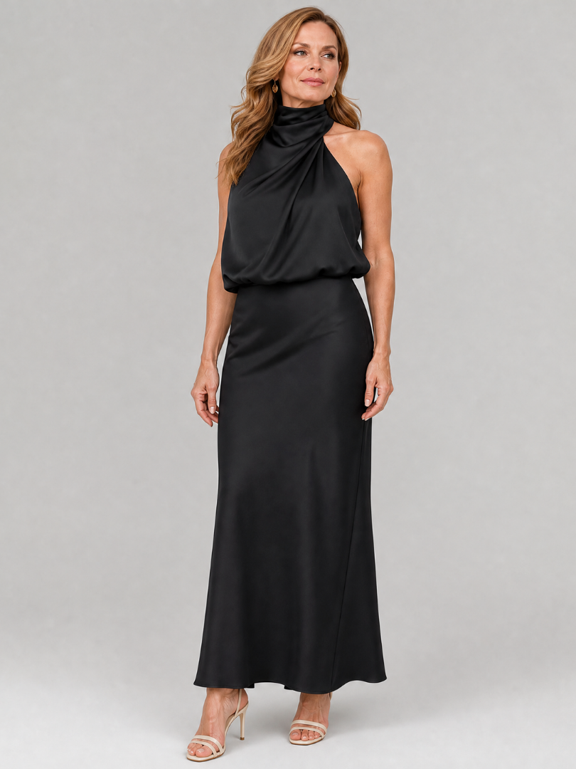 Nopal | Vestido midi sem alças com decote drapeado