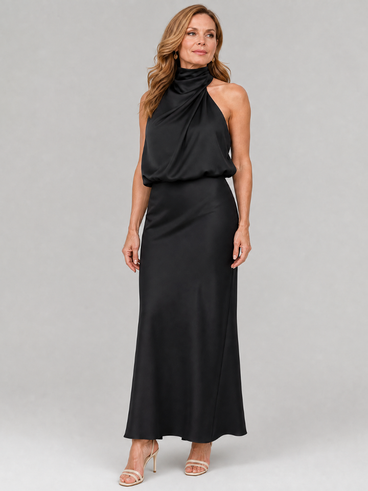 Nopal | Vestido midi sem alças com decote drapeado
