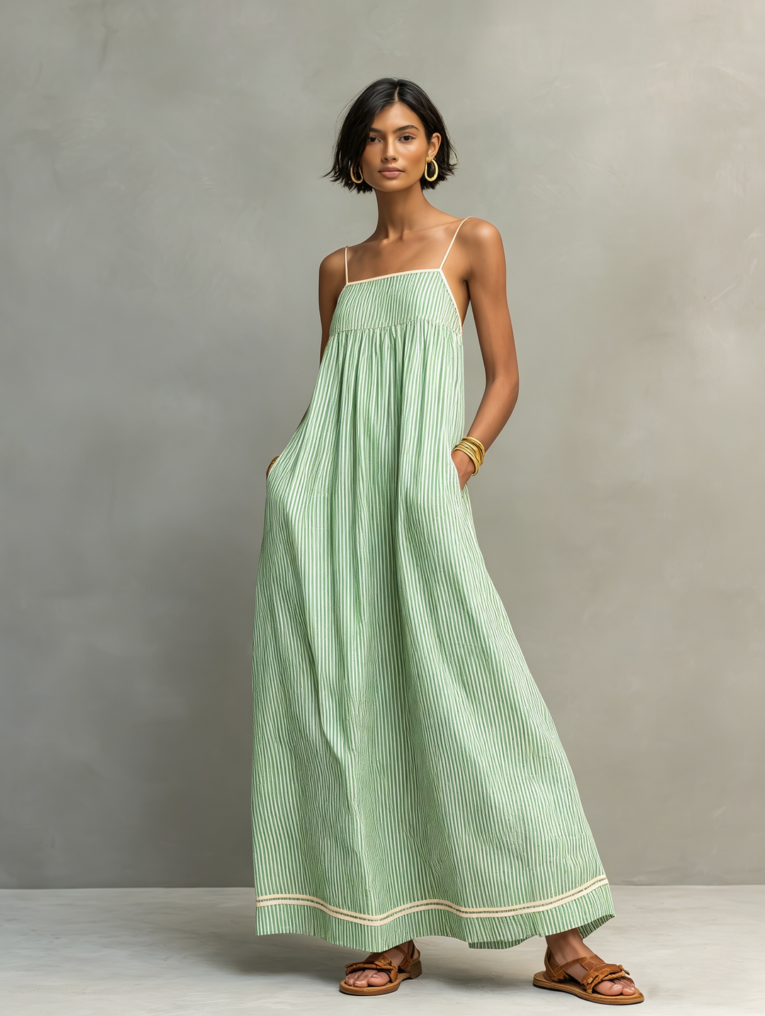 Flávia | Vestido maxi listrado minimalista feminino