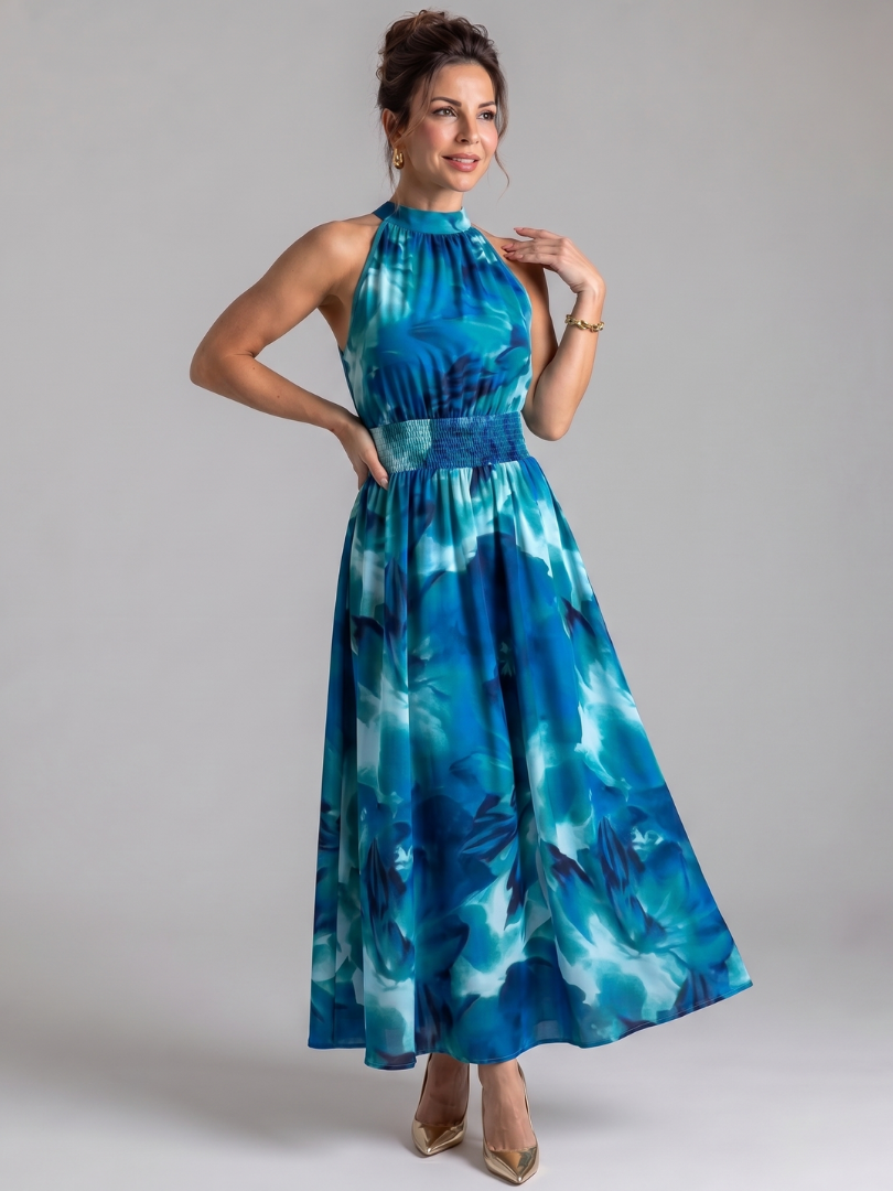 Olivia | Vestido midi de estampa abstrata com cintura franzida