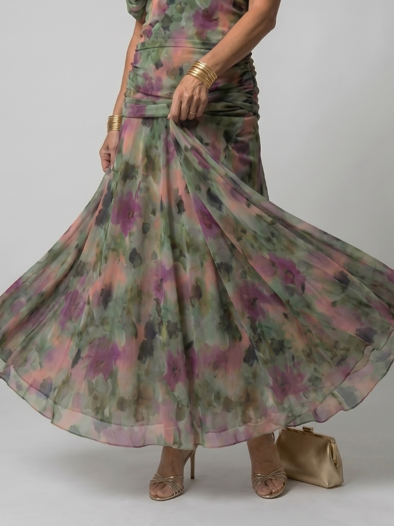 Calen | Vestido midi fluido com decote ombro a ombro