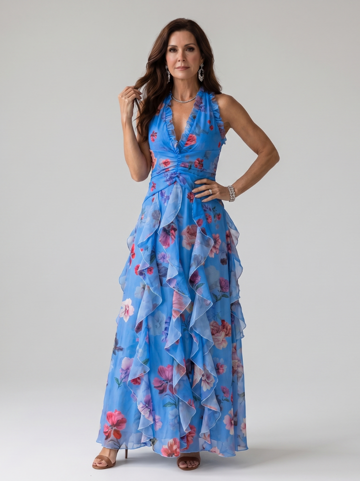 Nori | Vestido longo floral com decote halterneck e corpete franzido