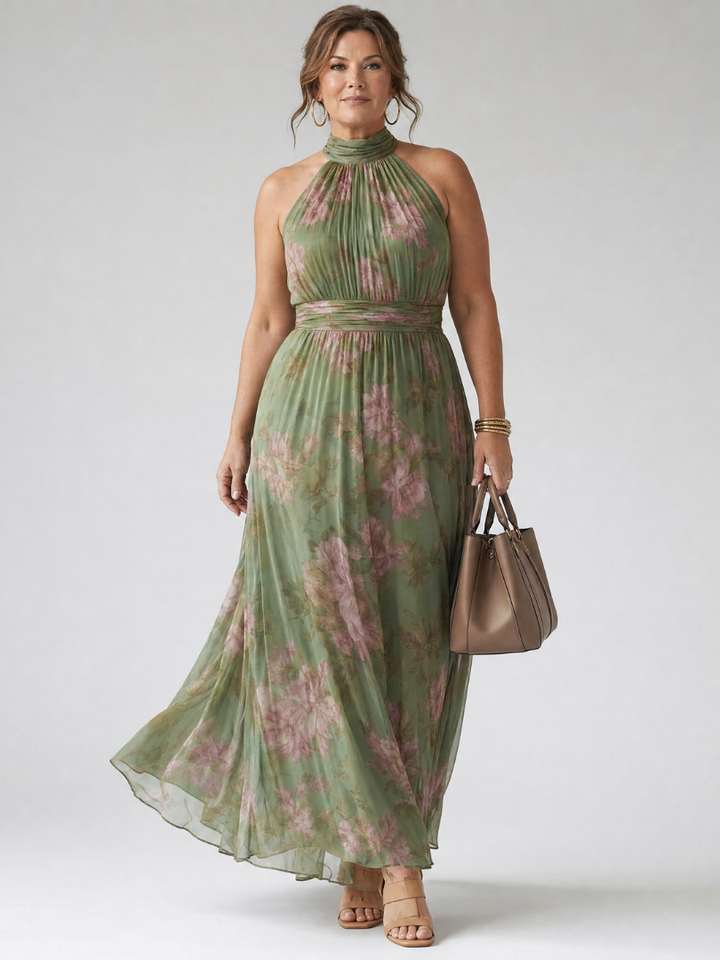 Mirelle | Vestido Midi com Decote Halter Franzido