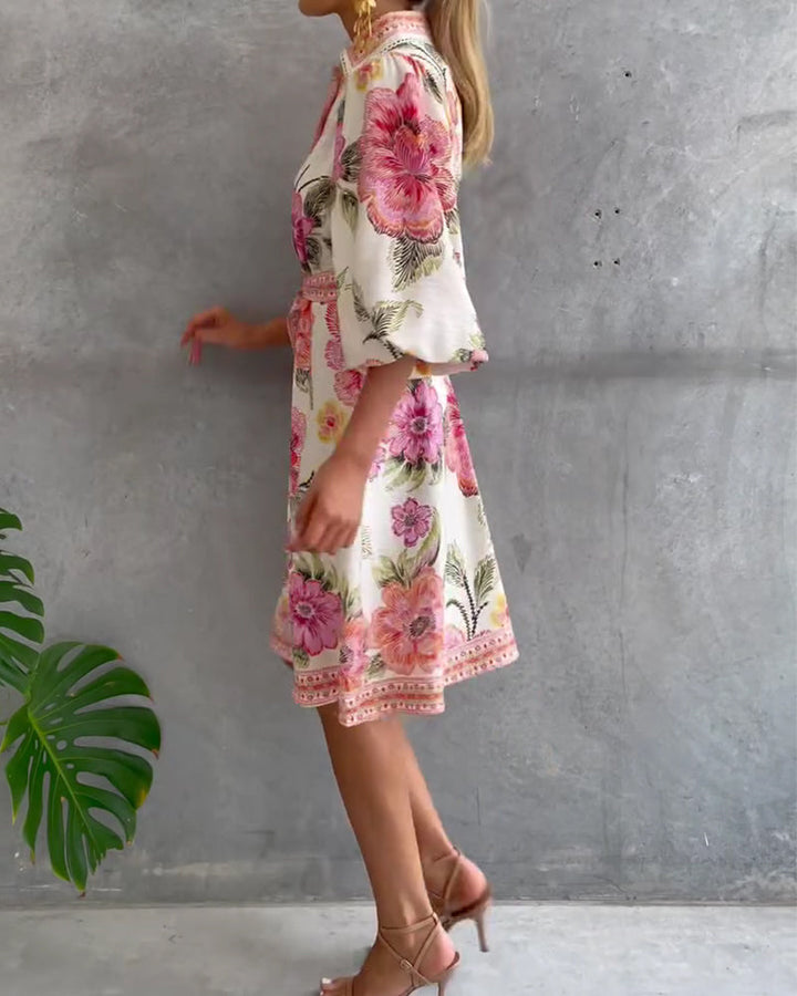 Inês | Vestido de Manga Lanterna com Gola Cranté Estampado