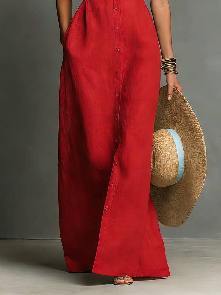 Vestido chemise maxi feminino em mistura de linho com gola e abotoamento simples