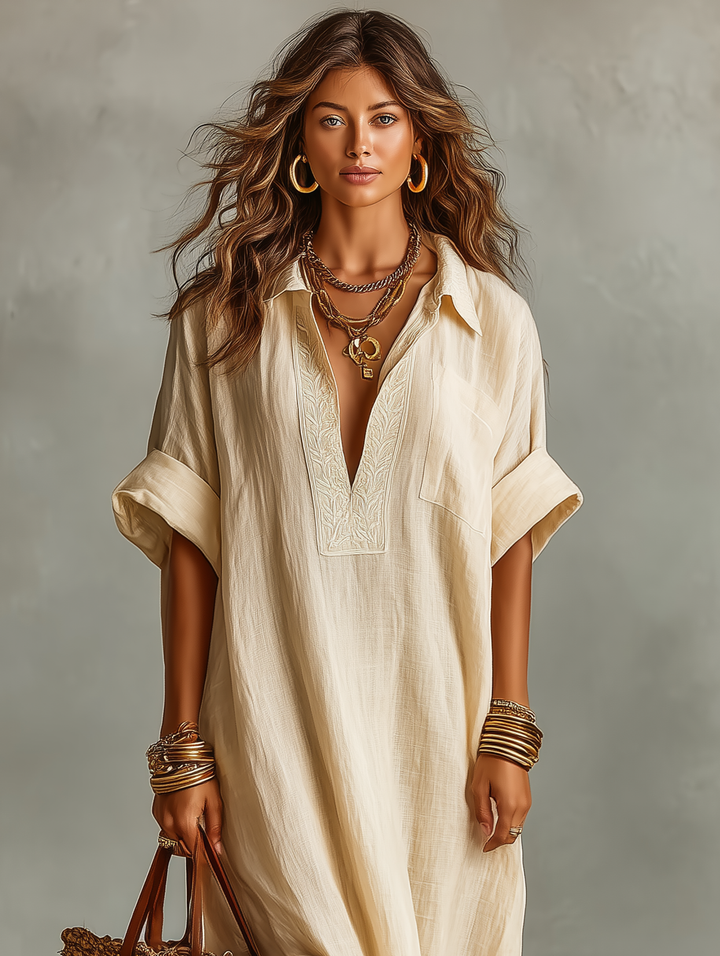 Vestido Maxi Feminino Minimalista Folgado Bordado de Manga Curta