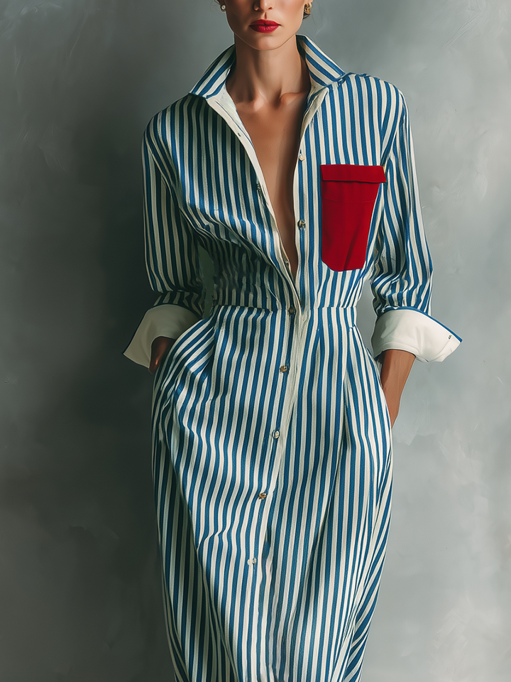 Isabel | Vestido chemise  azul e branco listrado
