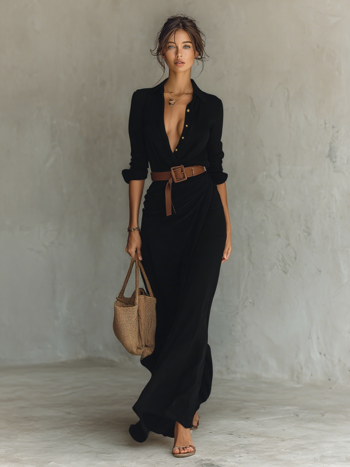 Matilde | Vestido Maxi Feminino de Lapela com Fecho Frontal de Botão Único