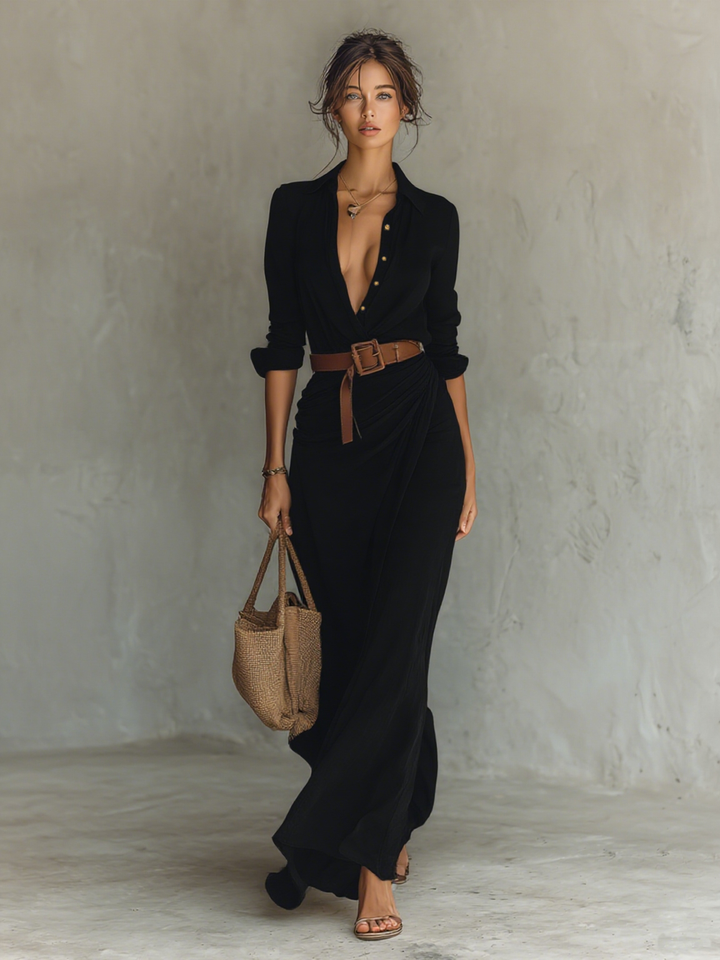 Matilde | Vestido Maxi Feminino de Lapela com Fecho Frontal de Botão Único