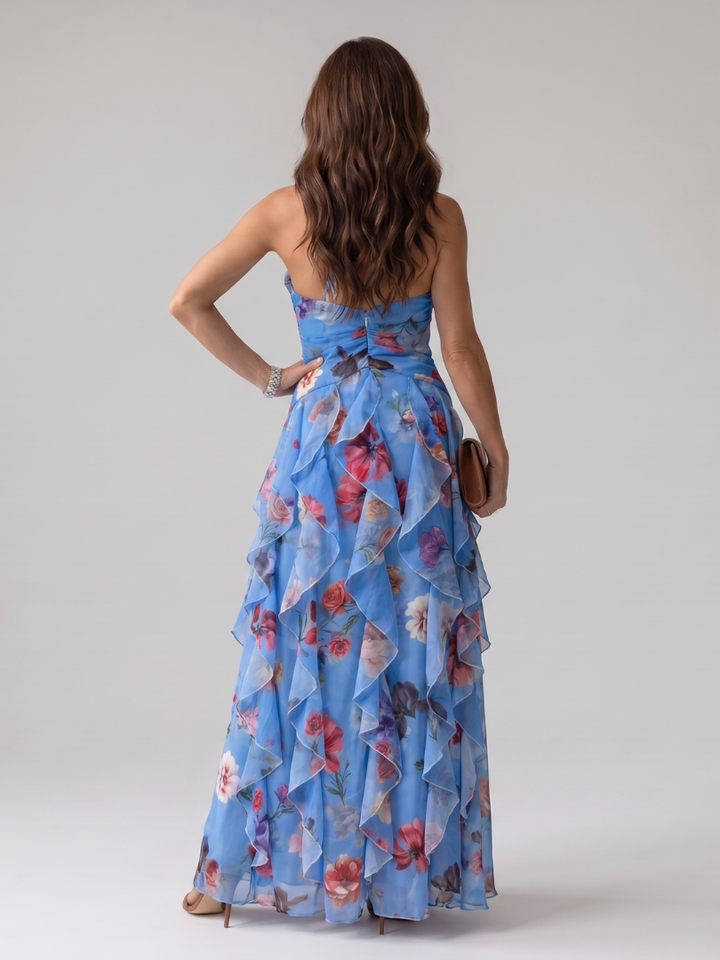Nori | Vestido longo floral com decote halterneck e corpete franzido