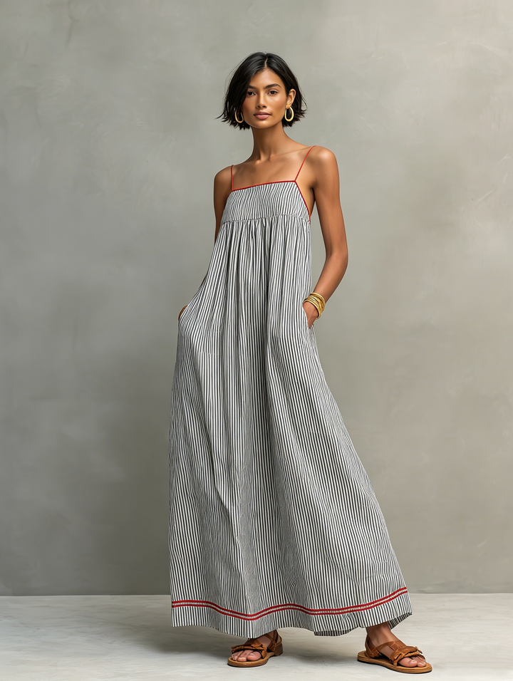 Flávia | Vestido maxi listrado minimalista feminino