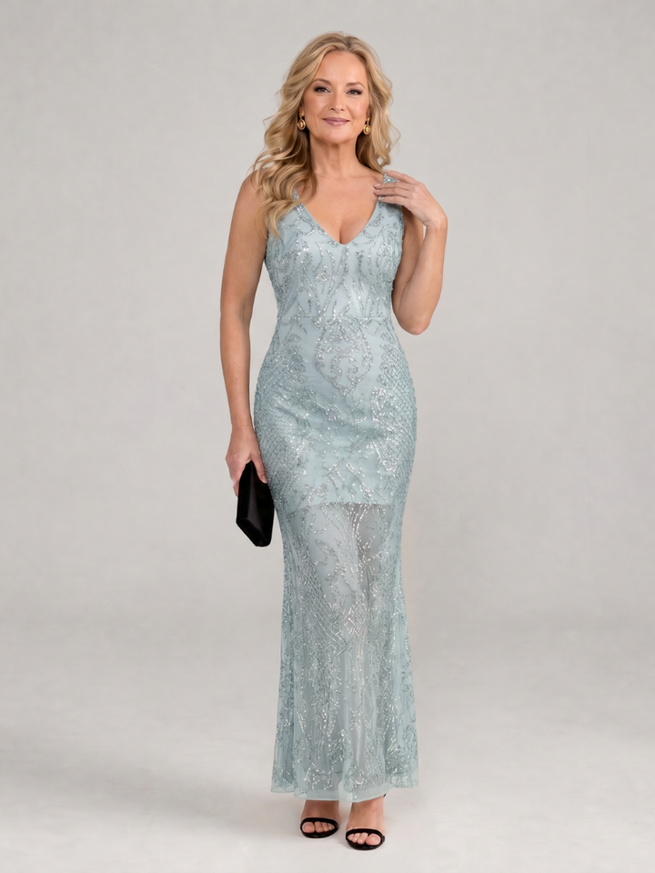 Sirea | Vestido midi de paetês sem mangas com painel transparente