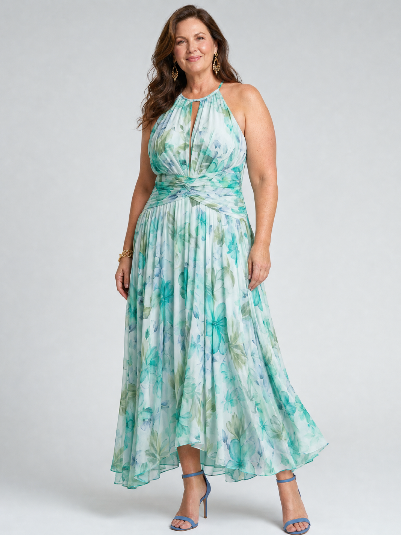 Portia | Vestido midi plissado com decote halter e estampa floral suave
