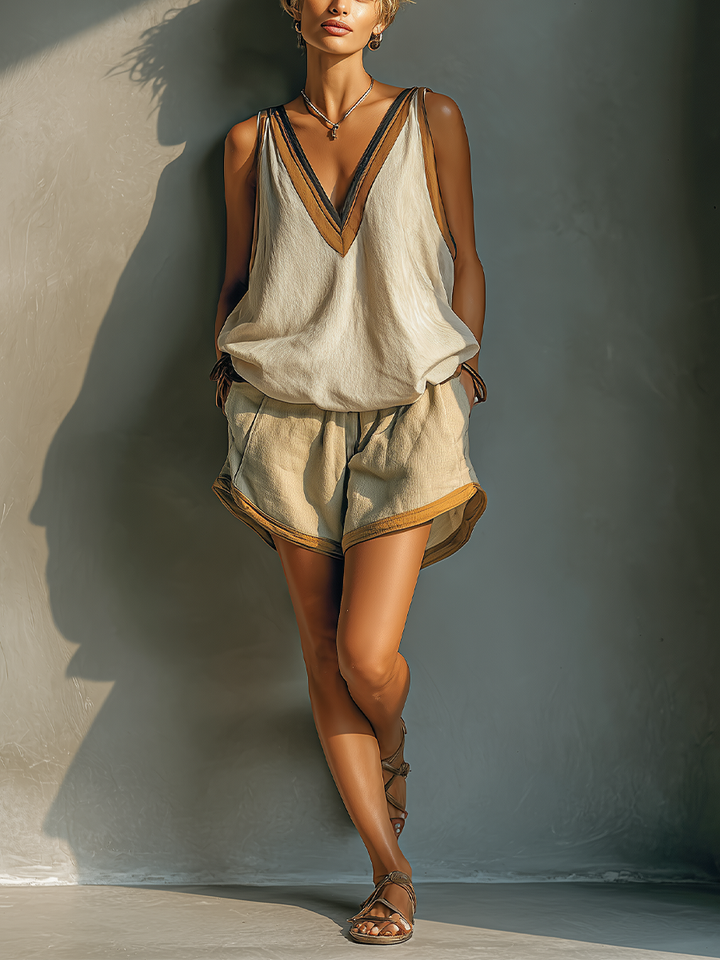 Conjunto de duas peças feminino bege com top sem mangas de mistura de linho com decote em V e shorts cáqui, com detalhes em contraste