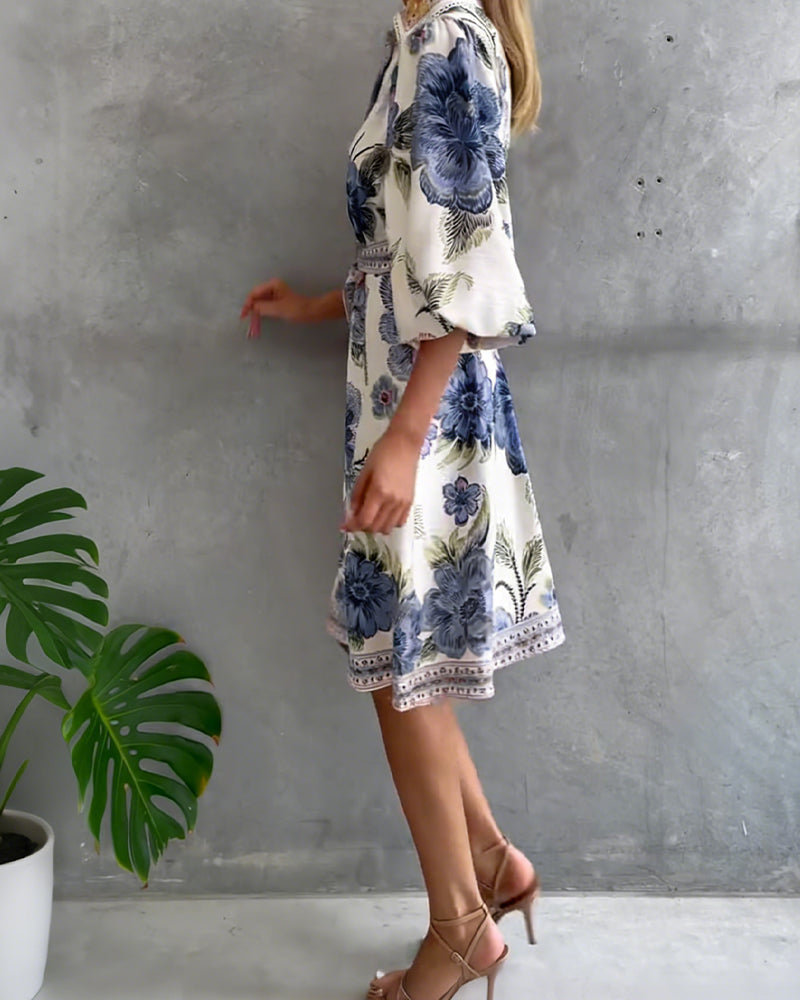 Inês | Vestido de Manga Lanterna com Gola Cranté Estampado