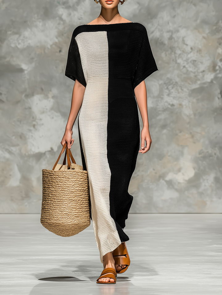 Vestido longo feminino de tricô com decote barco e mangas curtas minimalista