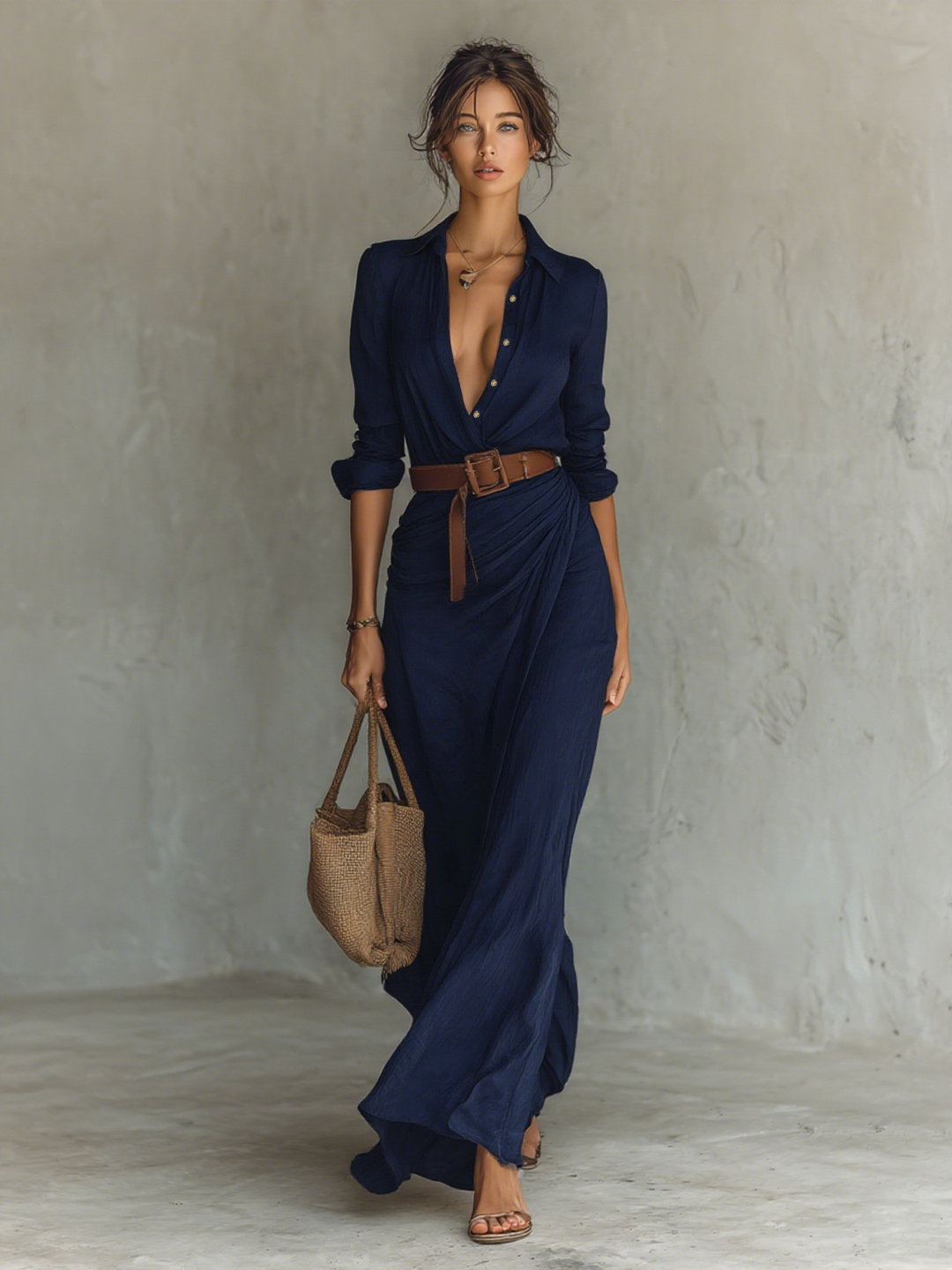 Matilde | Vestido Maxi Feminino de Lapela com Fecho Frontal de Botão Único