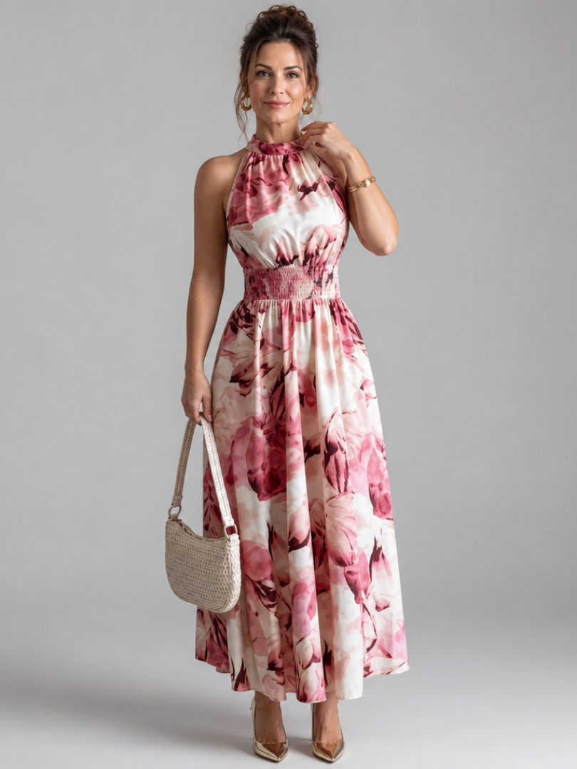 Olivia | Vestido midi de estampa abstrata com cintura franzida