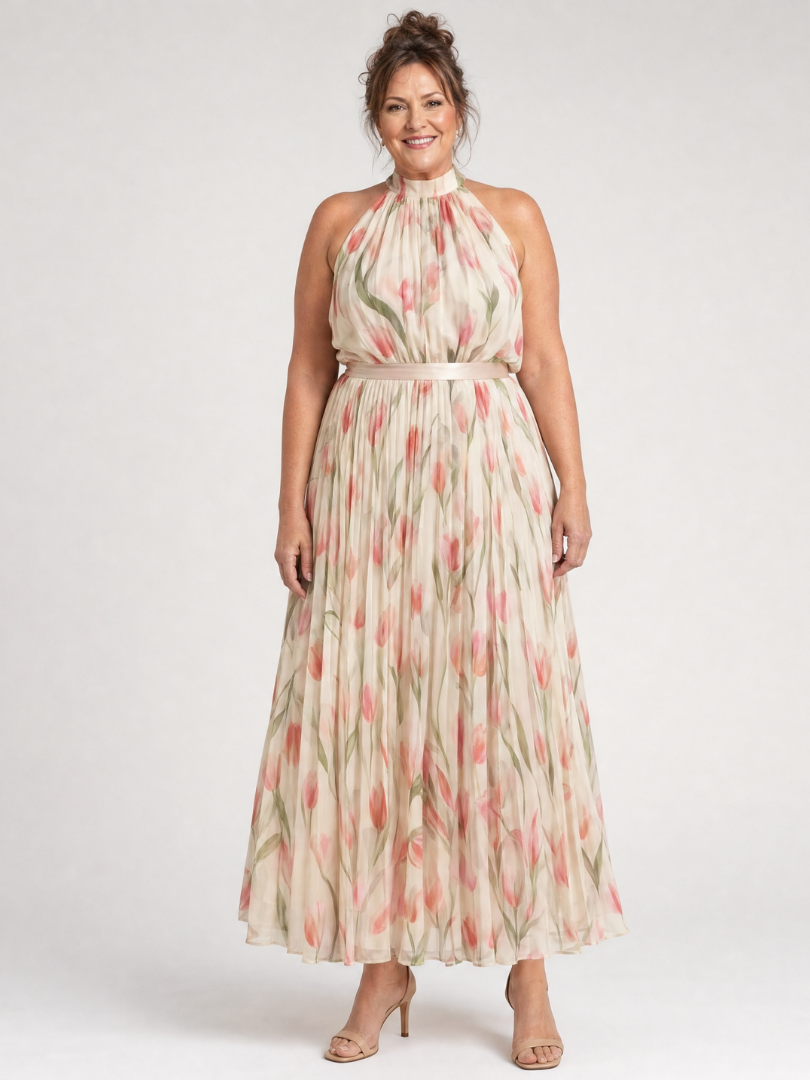 Aurelle | Vestido Midi Floral com Decote Halterneck