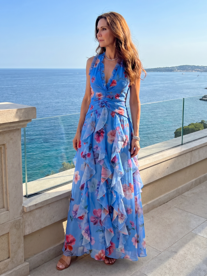 Nori | Vestido longo floral com decote halterneck e corpo franzido