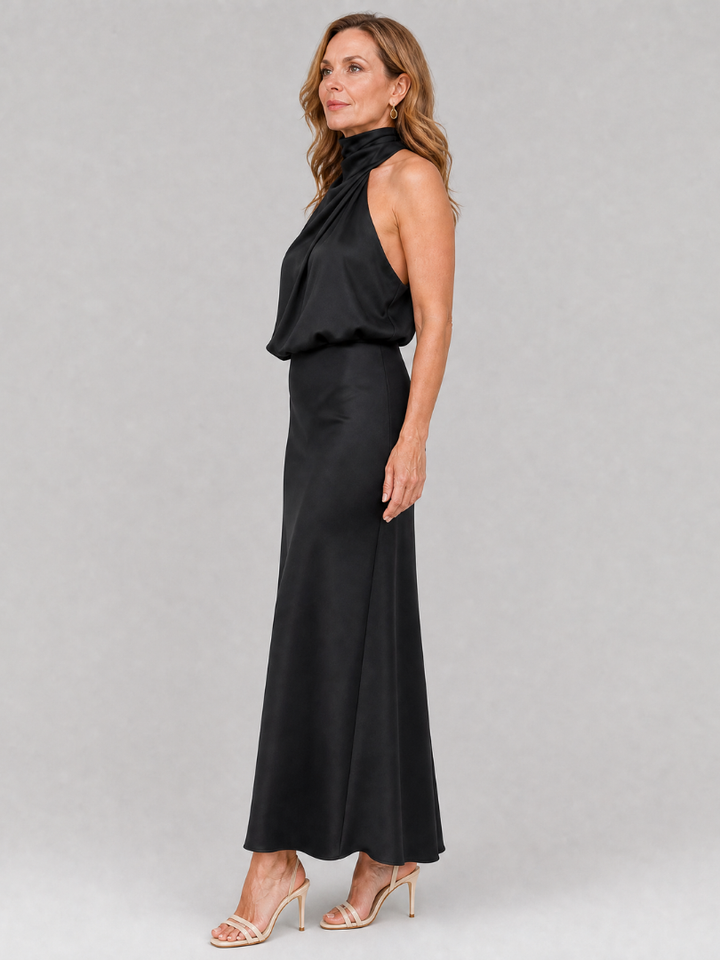 Nopal | Vestido midi sem alças com decote drapeado