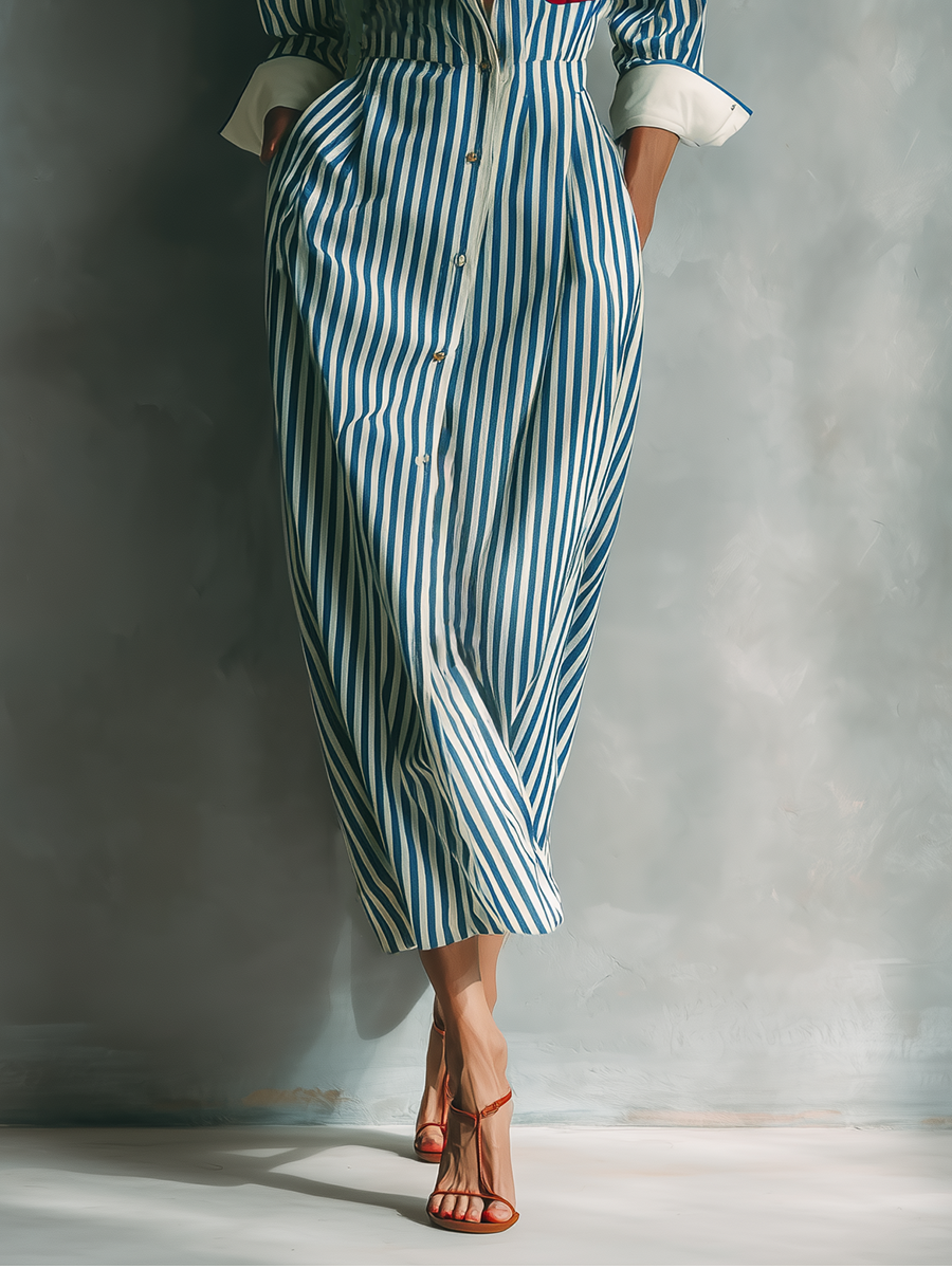 Isabel | Vestido chemise  azul e branco listrado