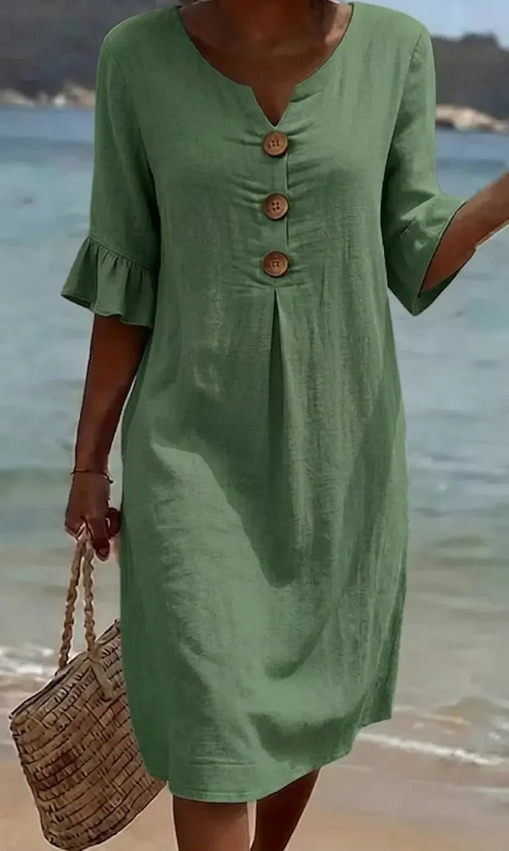 Vanesa  | Vestido com textura de linho com mangas bufantes e botões