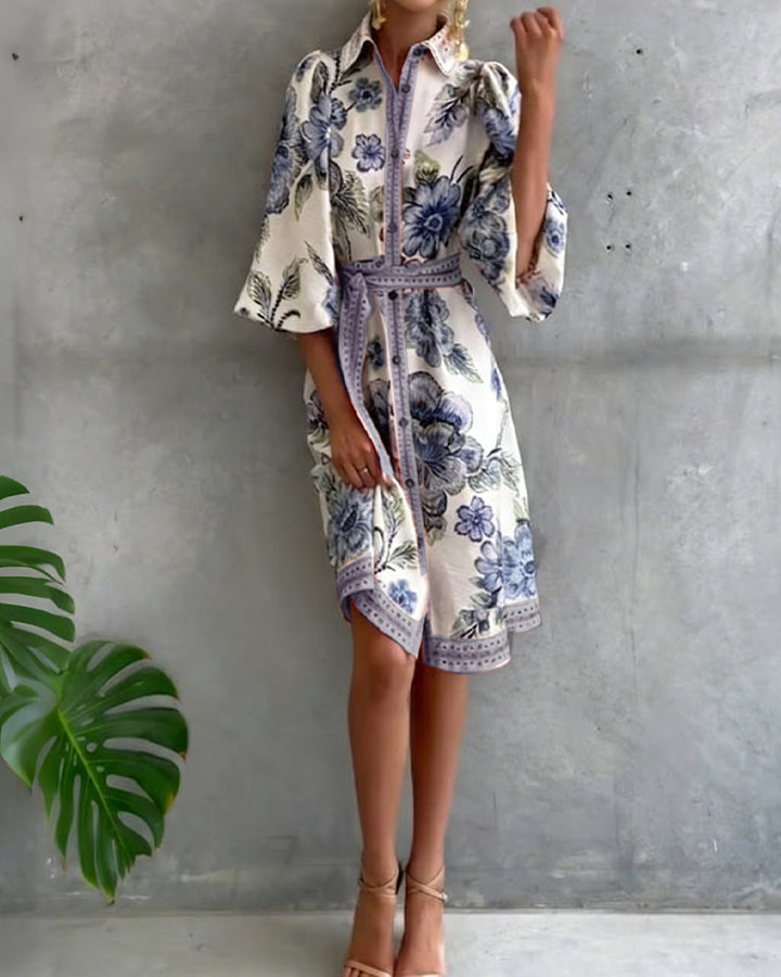Inês | Vestido de Manga Lanterna com Gola Cranté Estampado