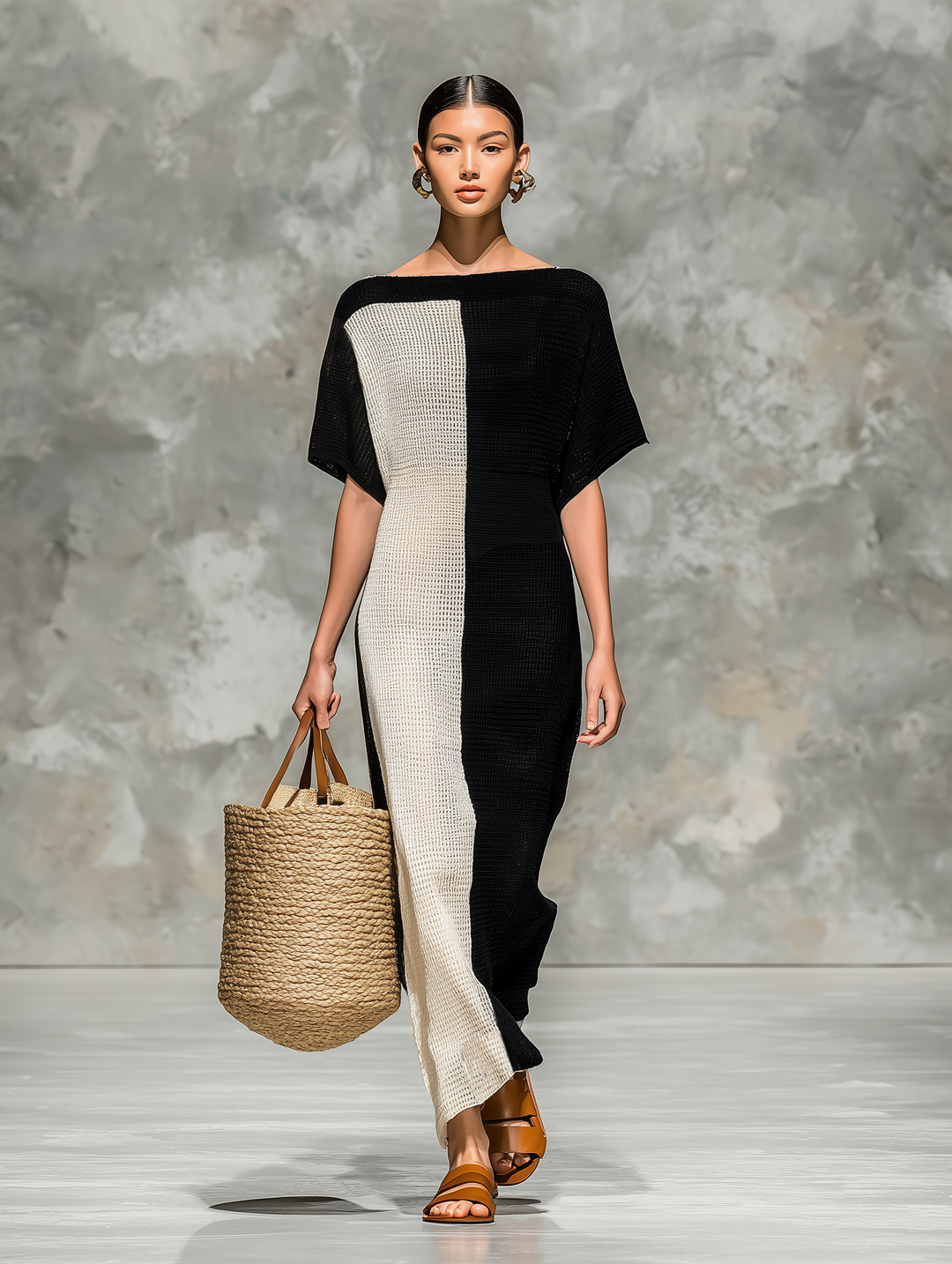 Vestido longo feminino de tricô com decote barco e mangas curtas minimalista