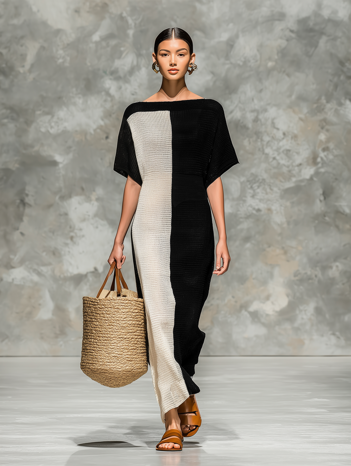 Vestido longo feminino de tricô com decote barco e mangas curtas minimalista