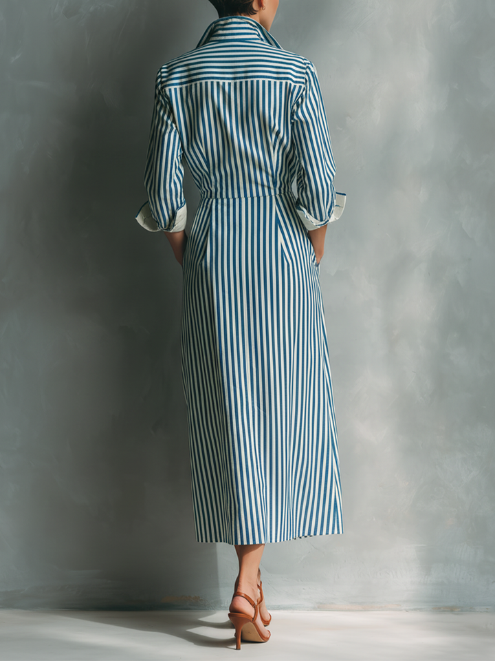 Isabel | Vestido chemise  azul e branco listrado