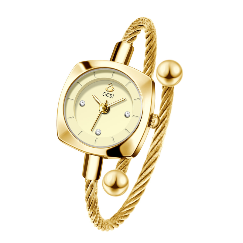 Relógio-jóia minimalista dourado com pulseira rígida e mostrador redondo para mulheres