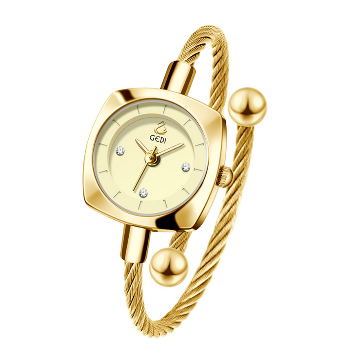 Relógio-jóia minimalista dourado com pulseira rígida e mostrador redondo para mulheres