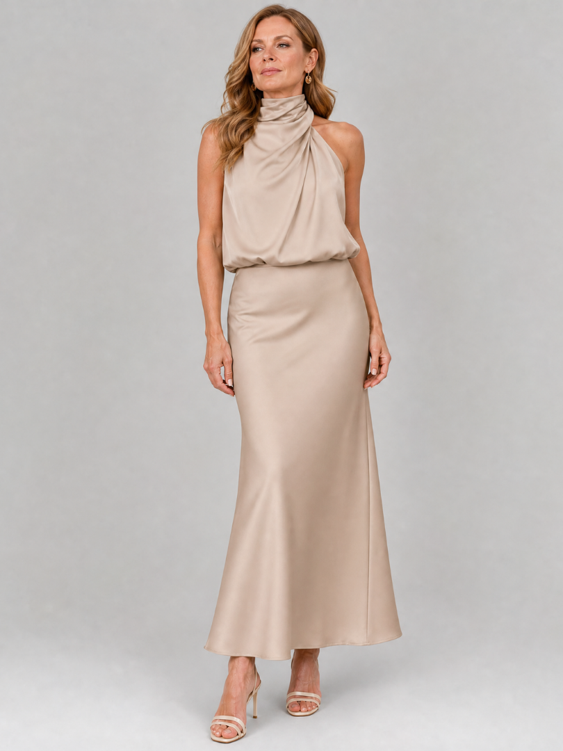 Nopal | Vestido midi sem alças com decote drapeado