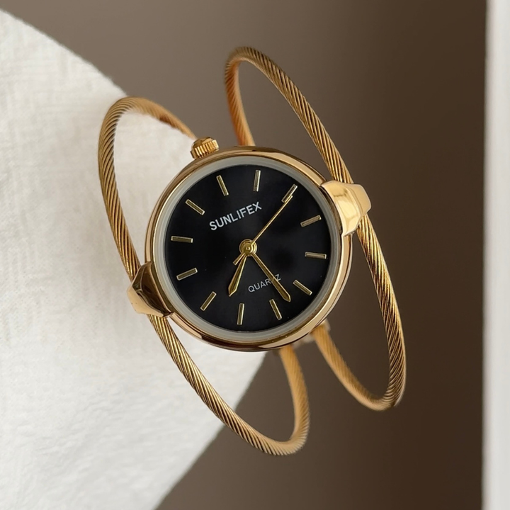 Relógio vintage com pulseira de elos dourados – mostrador preto redondo, relógio feminino de quartzo