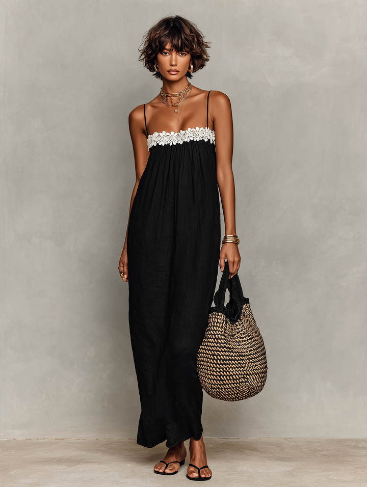 Vestido Maxi Feminino Minimalista de Linho Misturado com Painéis de Renda,  com Alças Finas