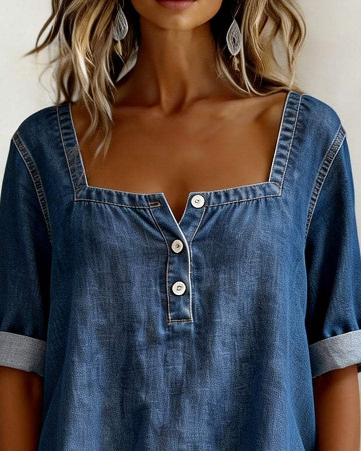 Avélia™ | Camisa de ganga com gola quadrada